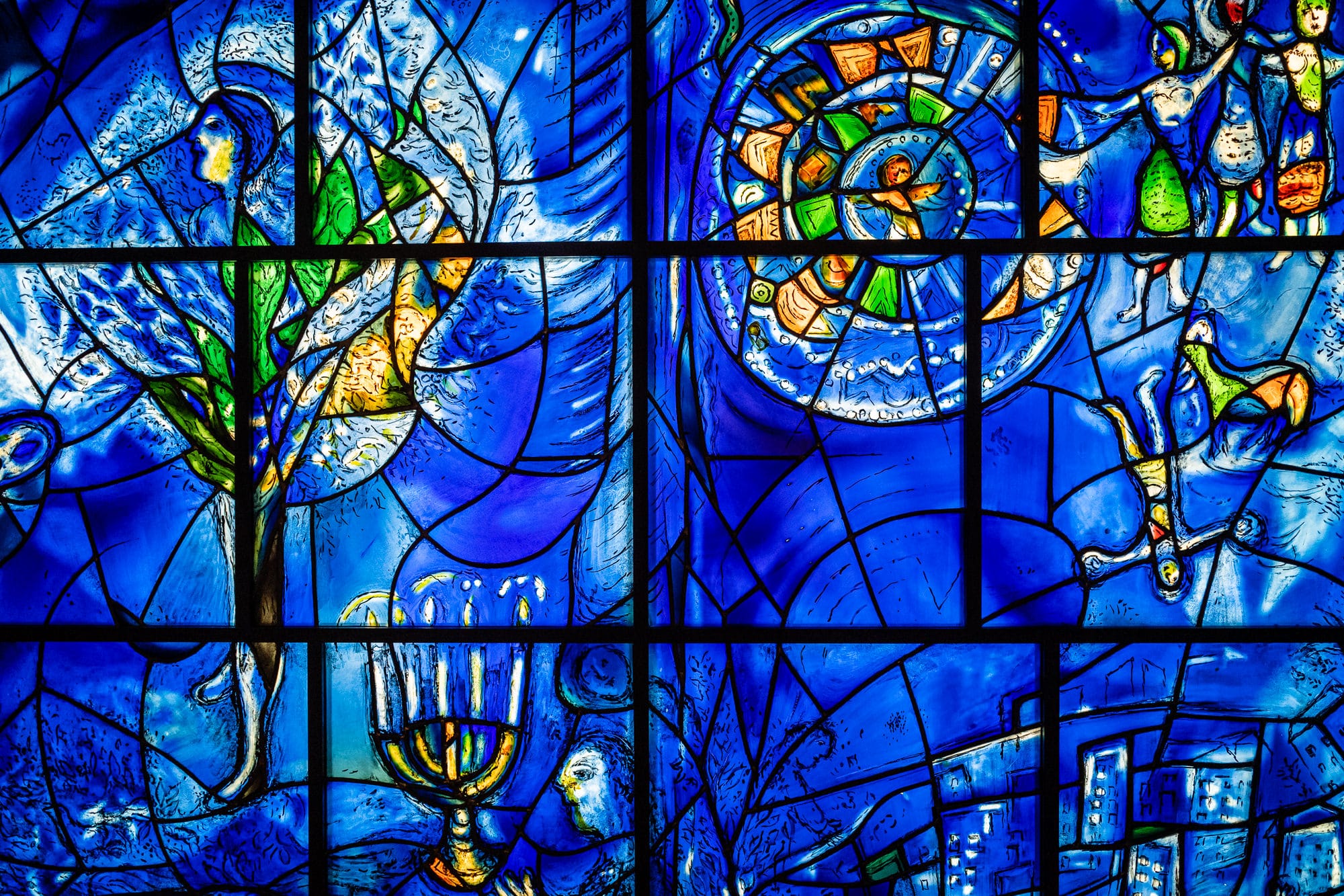 Marc Chagall’s America Windows at the Art Institute of Chicago. Chagall, a Jewish artist born in present-day Belarus, frequently drew on Jewish memory, faith, and history in his work.