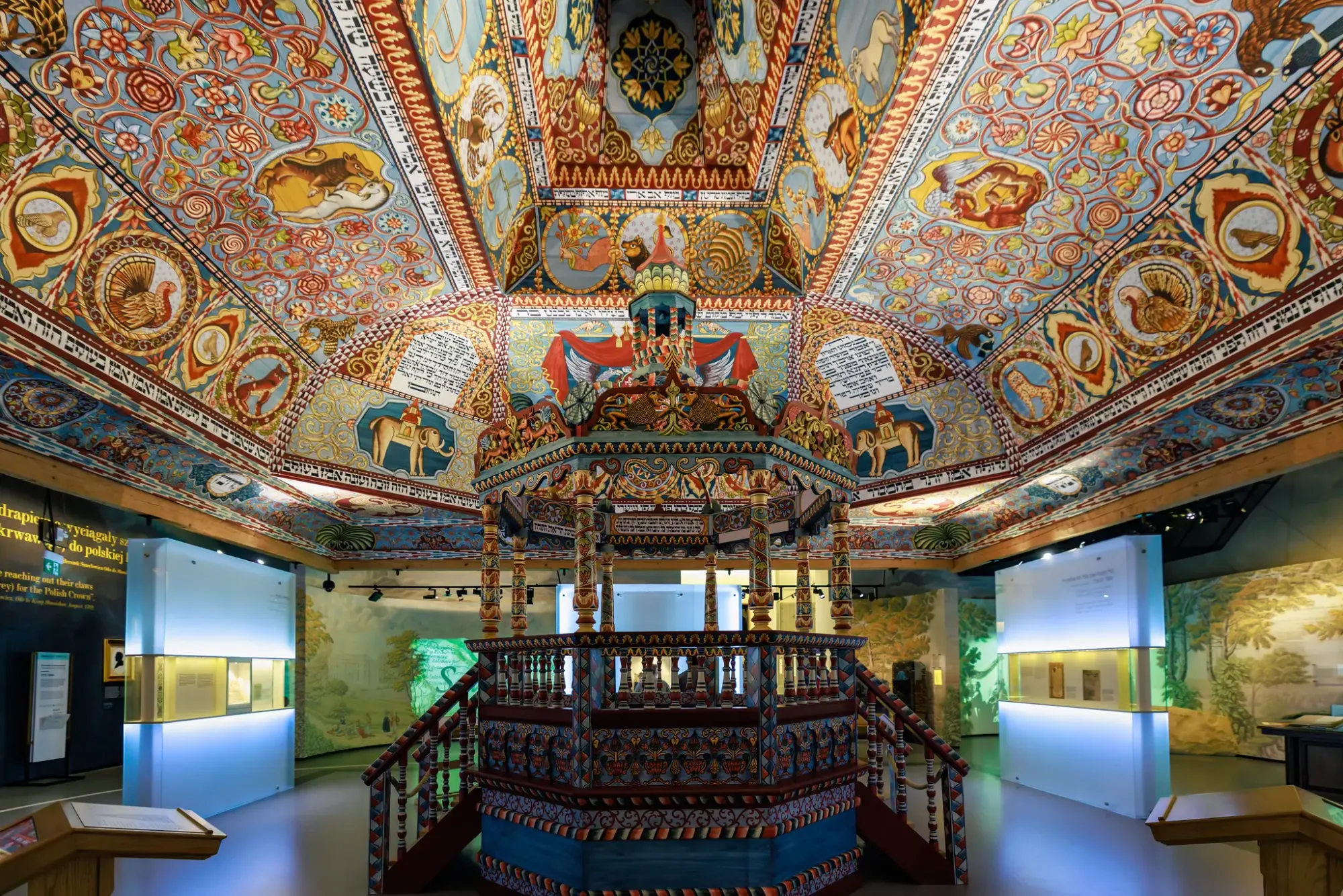 At the heart of the POLIN Museum stands a dazzling reconstruction of the timber-framed roof and painted ceiling of the Gwoździec synagogue, a town once located in the Polish-Lithuanian Commonwealth (now in Ukraine).